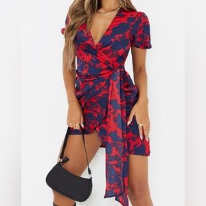 Red Floral Side Tie Puff Sleeve Dress